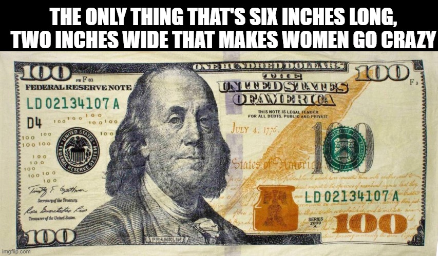 Better Than Sex | THE ONLY THING THAT'S SIX INCHES LONG, TWO INCHES WIDE THAT MAKES WOMEN GO CRAZY | image tagged in 100 bill dollar | made w/ Imgflip meme maker