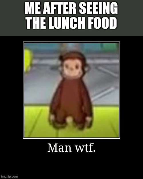 Memes | ME AFTER SEEING THE LUNCH FOOD | image tagged in wtf,school food,school shooting | made w/ Imgflip meme maker