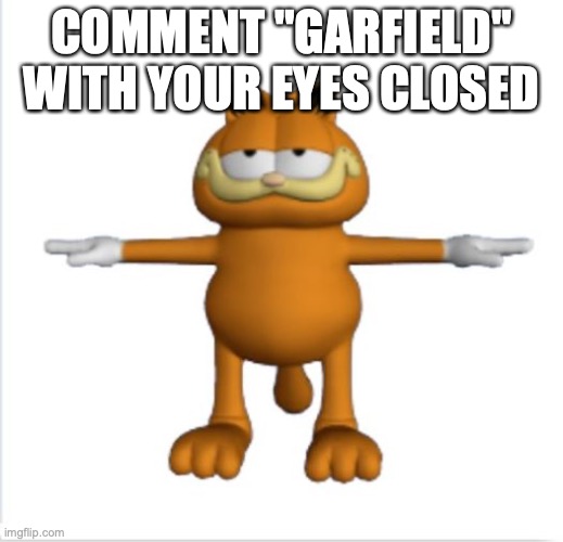 garfield t-pose | COMMENT "GARFIELD" WITH YOUR EYES CLOSED | image tagged in garfield t-pose | made w/ Imgflip meme maker