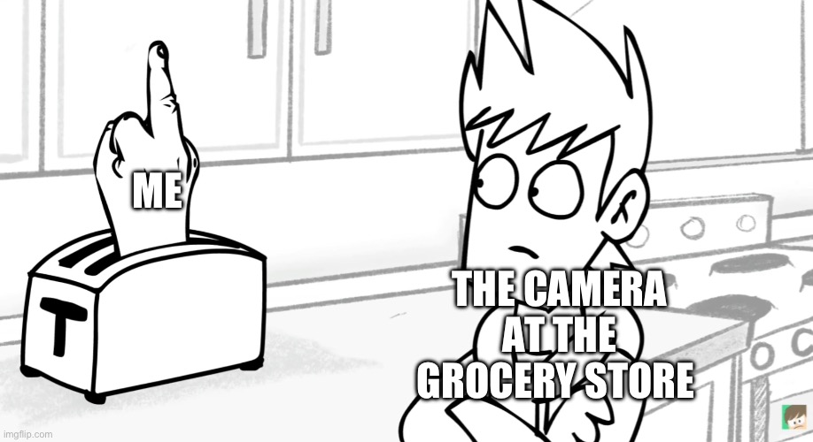 Toaster flipping Matt off | ME; THE CAMERA AT THE GROCERY STORE | image tagged in toaster flipping matt off | made w/ Imgflip meme maker