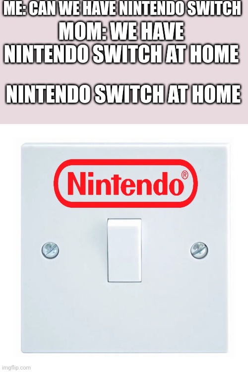 nintendo switch? | ME: CAN WE HAVE NINTENDO SWITCH; MOM: WE HAVE NINTENDO SWITCH AT HOME; NINTENDO SWITCH AT HOME | image tagged in nintendo switch | made w/ Imgflip meme maker