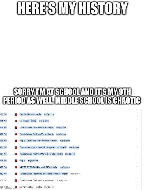 HERE'S MY HISTORY; SORRY I'M AT SCHOOL AND IT'S MY 9TH PERIOD AS WELL. MIDDLE SCHOOL IS CHAOTIC | made w/ Imgflip meme maker