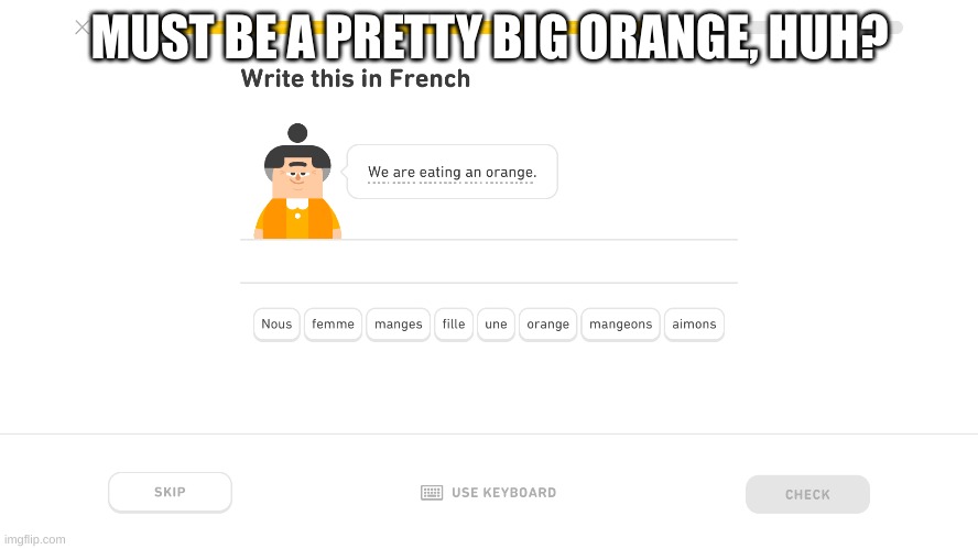 Must be a pretty big orange, eh? | MUST BE A PRETTY BIG ORANGE, HUH? | image tagged in funny,duolingo | made w/ Imgflip meme maker