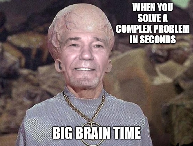 WHEN YOU SOLVE A COMPLEX PROBLEM IN SECONDS; BIG BRAIN TIME | image tagged in big brain time | made w/ Imgflip meme maker