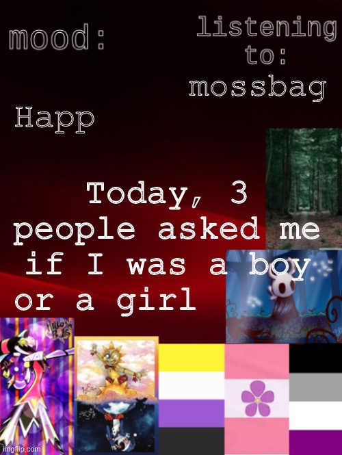 One kid during the field trip thing at school, and two on a bus driving by while I was walking home | Happ; mossbag; Today, 3 people asked me if I was a boy or a girl 😎😎😎 | image tagged in arden_the_ace 's temp,non binary,gender,such gender | made w/ Imgflip meme maker