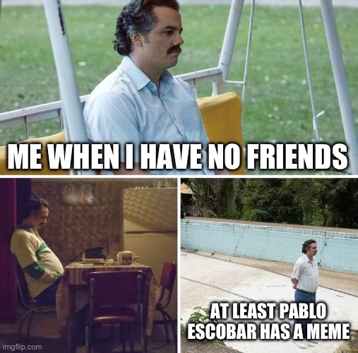 Sad Pablo Escobar | ME WHEN I HAVE NO FRIENDS; AT LEAST PABLO ESCOBAR HAS A MEME | image tagged in memes,sad pablo escobar | made w/ Imgflip meme maker