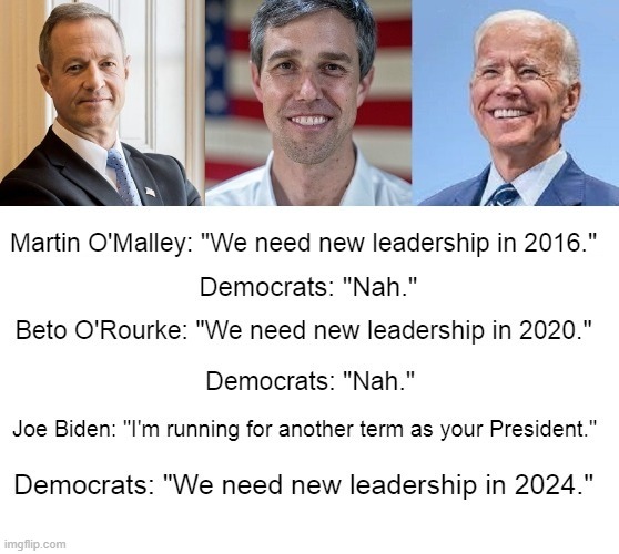 No New Leadership | Martin O'Malley: "We need new leadership in 2016." | image tagged in martin o'malley,beto o'rourke,joe biden,2024 | made w/ Imgflip meme maker