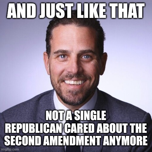 *crickets* | AND JUST LIKE THAT; NOT A SINGLE REPUBLICAN CARED ABOUT THE SECOND AMENDMENT ANYMORE | image tagged in hypocrisy,2nd amendment,republicans,hunter biden | made w/ Imgflip meme maker