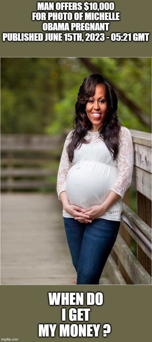 BREAKING NEWS picture found. | MAN OFFERS $10,000 FOR PHOTO OF MICHELLE OBAMA PREGNANT
PUBLISHED JUNE 15TH, 2023 - 05:21 GMT; WHEN DO I GET MY MONEY ? | image tagged in democrats,liars,fake people | made w/ Imgflip meme maker