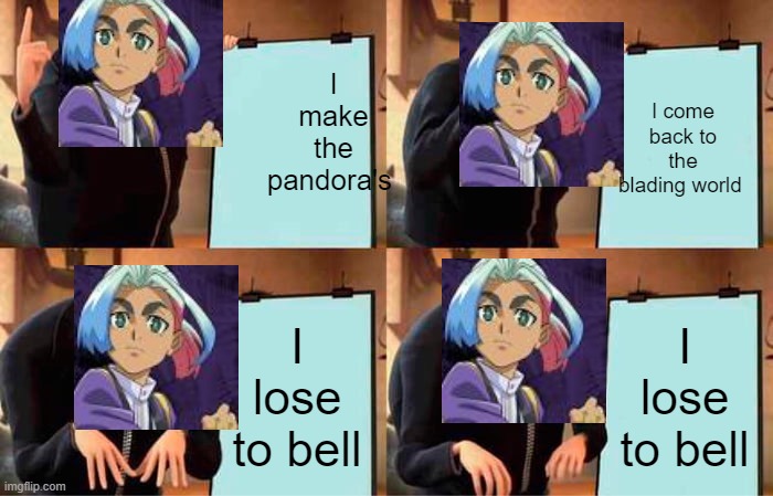 Pax did not see that coming | I make the pandora's; I come back to the blading world; I lose to bell; I lose to bell | image tagged in memes,gru's plan,beyblade | made w/ Imgflip meme maker