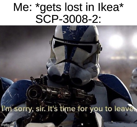 Store is now closed | Me: *gets lost in Ikea*
SCP-3008-2: | image tagged in it's time for you to leave | made w/ Imgflip meme maker