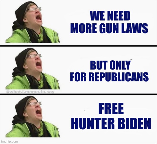 The Whining has begun | WE NEED MORE GUN LAWS; BUT ONLY FOR REPUBLICANS; FREE HUNTER BIDEN | image tagged in whining liberal,liberal hypocrisy,gun control,well yes but actually no,biden crime family,immunity | made w/ Imgflip meme maker