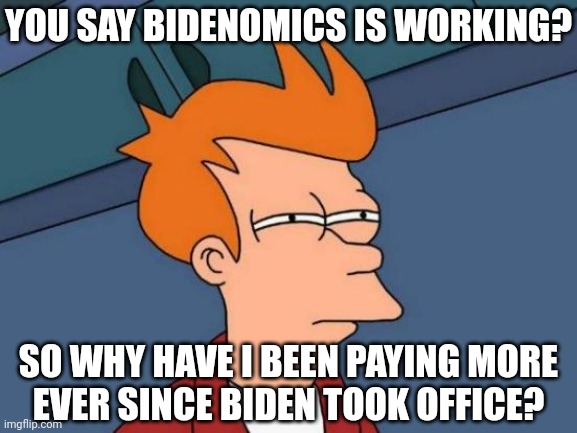 Bidenomics is not a positive thing | YOU SAY BIDENOMICS IS WORKING? SO WHY HAVE I BEEN PAYING MORE
EVER SINCE BIDEN TOOK OFFICE? | image tagged in memes,futurama fry,democrats,biden,inflation | made w/ Imgflip meme maker