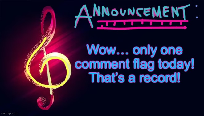 Keep it up! | Wow… only one comment flag today! That’s a record! | image tagged in cgoodban announcement template | made w/ Imgflip meme maker