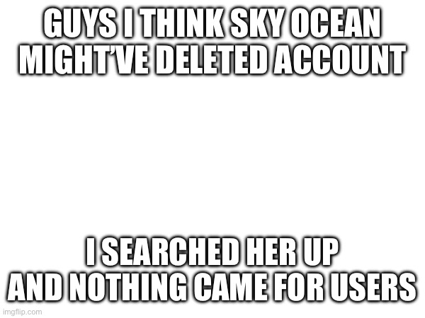 :] | GUYS I THINK SKY OCEAN MIGHT’VE DELETED ACCOUNT; I SEARCHED HER UP AND NOTHING CAME FOR USERS | image tagged in no skyocean | made w/ Imgflip meme maker
