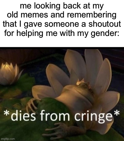 The user was MadMewMew. Here’s the link: https://imgflip.com/i/6j63s5 there are also a ton other images I hate looking at | me looking back at my old memes and remembering that I gave someone a shoutout for helping me with my gender: | image tagged in dies from cringe,lgbtq,shoutout | made w/ Imgflip meme maker