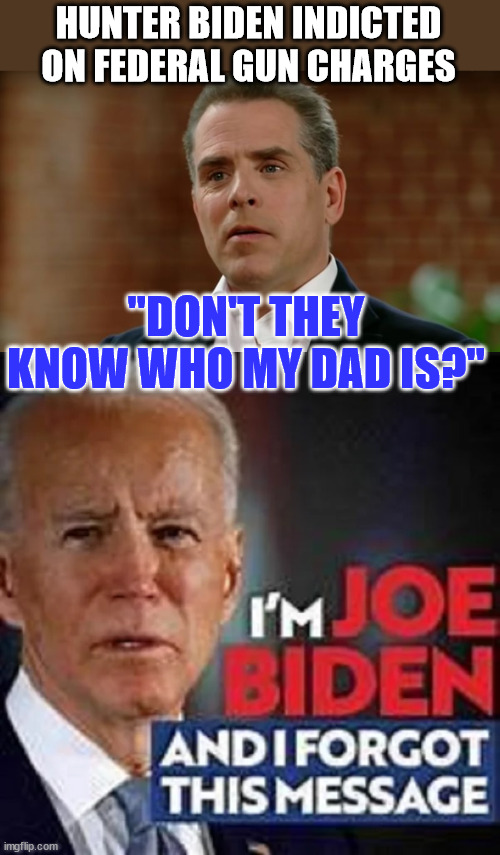 Nobody really believes Hunter will do any jail time over these felonies... | HUNTER BIDEN INDICTED ON FEDERAL GUN CHARGES; "DON'T THEY KNOW WHO MY DAD IS?" | image tagged in criminal,hunter biden,broke,gun laws | made w/ Imgflip meme maker