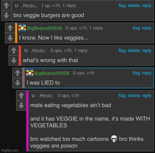 bro thinks he’s a cartoon character “YUCK!!!! NOT VEGETABLES!!!1!1!” | made w/ Imgflip meme maker