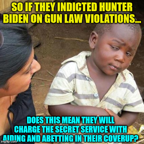 So who else will be charged?  There was a coverup of Hunter's crimes... | SO IF THEY INDICTED HUNTER BIDEN ON GUN LAW VIOLATIONS... DOES THIS MEAN THEY WILL CHARGE THE SECRET SERVICE WITH AIDING AND ABETTING IN THEIR COVERUP? | image tagged in memes,third world skeptical kid,secret service,cover up,hunter biden | made w/ Imgflip meme maker
