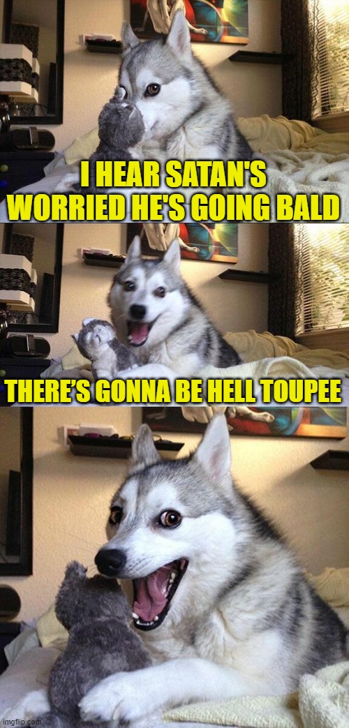 Bad Pun Dog | I HEAR SATAN'S WORRIED HE'S GOING BALD; THERE’S GONNA BE HELL TOUPEE | image tagged in memes,bad pun dog | made w/ Imgflip meme maker