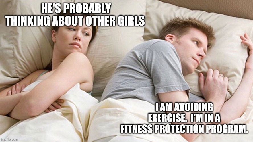 He's probably thinking about girls | HE'S PROBABLY THINKING ABOUT OTHER GIRLS; I AM AVOIDING EXERCISE.  I'M IN A FITNESS PROTECTION PROGRAM. | image tagged in he's probably thinking about girls | made w/ Imgflip meme maker