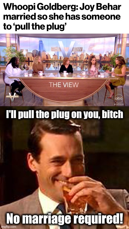 Dibs! | I'll pull the plug on you, bitch; No marriage required! | image tagged in jon hamm mad men,memes,joy behar,whoopi goldberg,the view,democrats | made w/ Imgflip meme maker