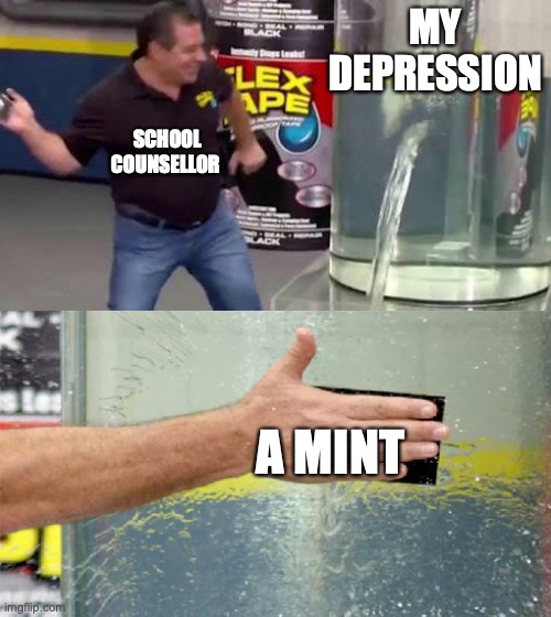 this Is how school counsellors think we stop depression | MY DEPRESSION; SCHOOL COUNSELLOR; A MINT | image tagged in flex tape | made w/ Imgflip meme maker