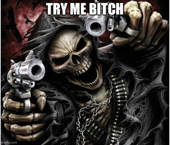 Badass Skeleton | TRY ME BITCH | image tagged in badass skeleton | made w/ Imgflip meme maker