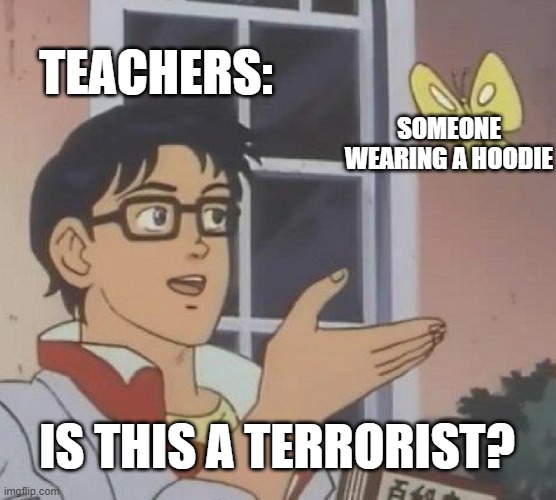 teachers when someone wears a hoodie | TEACHERS:; SOMEONE WEARING A HOODIE; IS THIS A TERRORIST? | image tagged in memes,is this a pigeon | made w/ Imgflip meme maker