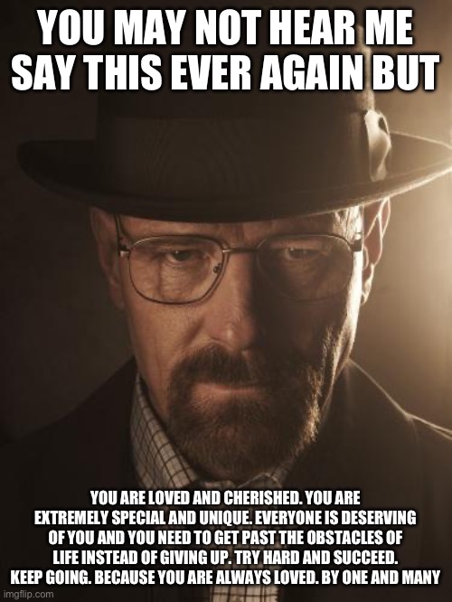 Walter White | YOU MAY NOT HEAR ME SAY THIS EVER AGAIN BUT; YOU ARE LOVED AND CHERISHED. YOU ARE EXTREMELY SPECIAL AND UNIQUE. EVERYONE IS DESERVING OF YOU AND YOU NEED TO GET PAST THE OBSTACLES OF LIFE INSTEAD OF GIVING UP. TRY HARD AND SUCCEED. KEEP GOING. BECAUSE YOU ARE ALWAYS LOVED. BY ONE AND MANY | image tagged in walter white | made w/ Imgflip meme maker