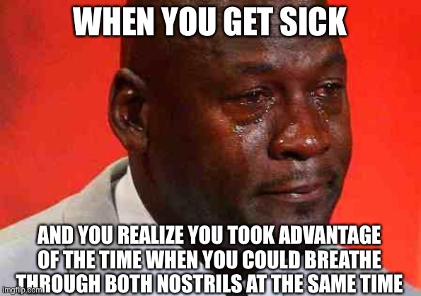 crying michael jordan | WHEN YOU GET SICK; AND YOU REALIZE YOU TOOK ADVANTAGE OF THE TIME WHEN YOU COULD BREATHE THROUGH BOTH NOSTRILS AT THE SAME TIME | image tagged in crying michael jordan | made w/ Imgflip meme maker