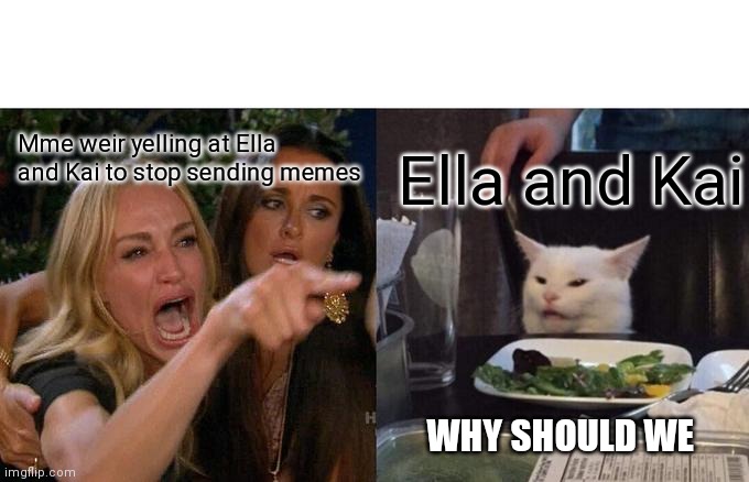 Woman Yelling At Cat Meme | Ella and Kai; Mme weir yelling at Ella and Kai to stop sending memes; WHY SHOULD WE | image tagged in memes,woman yelling at cat | made w/ Imgflip meme maker