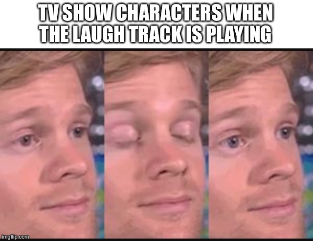 Laugh tracks are weird | TV SHOW CHARACTERS WHEN THE LAUGH TRACK IS PLAYING | image tagged in blinking guy | made w/ Imgflip meme maker