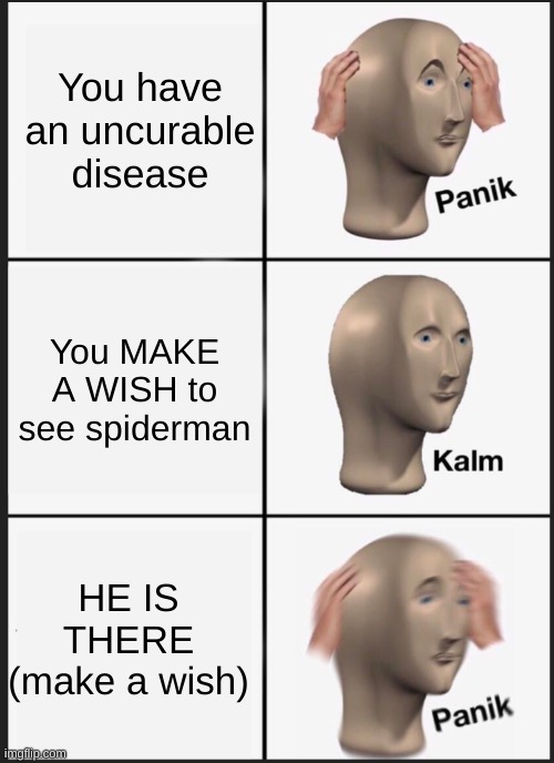 panik calm panik | You have an uncurable disease; You MAKE A WISH to see spiderman; HE IS THERE (make a wish) | image tagged in panik calm panik | made w/ Imgflip meme maker