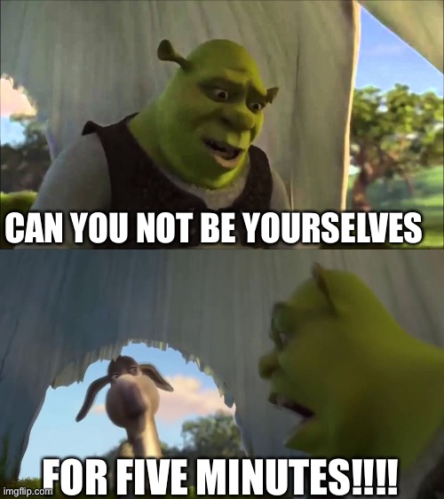 shrek five minutes | CAN YOU NOT BE YOURSELVES FOR FIVE MINUTES!!!! | image tagged in shrek five minutes | made w/ Imgflip meme maker