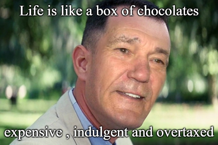 Life is like a box of chocolates; expensive , indulgent and overtaxed | image tagged in just like that | made w/ Imgflip meme maker
