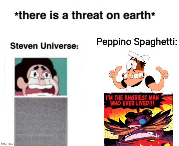 Never doubt an Italian chef | Peppino Spaghetti: | image tagged in there is a threat on earth,pizza tower,i'm the angriest man who ever lived,steven universe,peppino | made w/ Imgflip meme maker