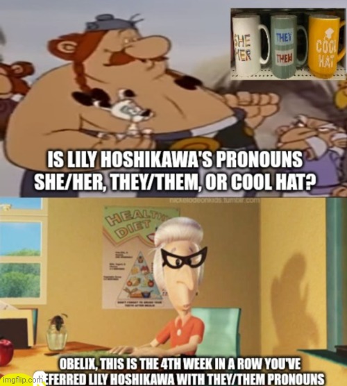 Even Obelix can't decide if Lily Hoshikawa's pronouns are either she/her, they/them, or cool hat | image tagged in asterix,pronouns,confused | made w/ Imgflip meme maker