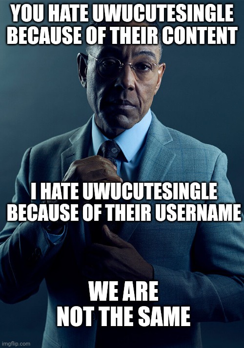 Who tf names themselves that, anyway? | YOU HATE UWUCUTESINGLE BECAUSE OF THEIR CONTENT; I HATE UWUCUTESINGLE BECAUSE OF THEIR USERNAME; WE ARE NOT THE SAME | image tagged in gus fring we are not the same,roblox,uwucutesingle,cringe | made w/ Imgflip meme maker