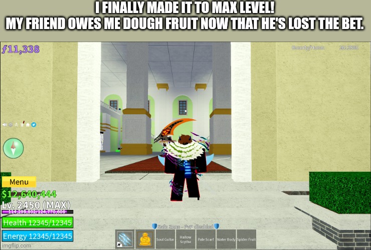 This took forever and I lost motivation so many times | I FINALLY MADE IT TO MAX LEVEL!
MY FRIEND OWES ME DOUGH FRUIT NOW THAT HE'S LOST THE BET. | image tagged in roblox | made w/ Imgflip meme maker