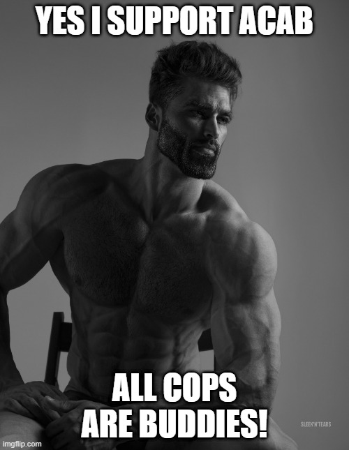 Giga Chad | YES I SUPPORT ACAB; ALL COPS ARE BUDDIES! | image tagged in giga chad,memes | made w/ Imgflip meme maker
