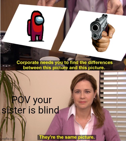 No offence BTW No reposting | POV your sister is blind | image tagged in memes,they're the same picture | made w/ Imgflip meme maker