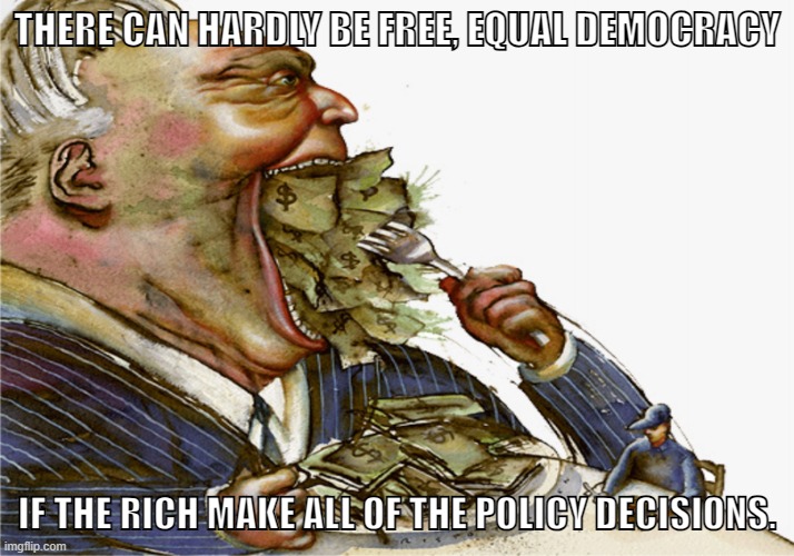 Liberal bourgeois democracy is not democracy at all. | THERE CAN HARDLY BE FREE, EQUAL DEMOCRACY; IF THE RICH MAKE ALL OF THE POLICY DECISIONS. | image tagged in greed,anarchism,bourgeoisie,capitalism,democracy,conservative logic | made w/ Imgflip meme maker