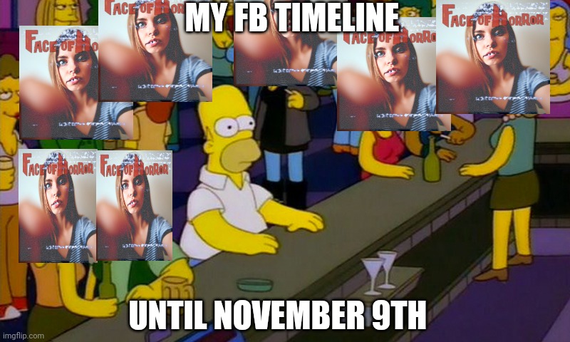 Every damn year | MY FB TIMELINE; UNTIL NOVEMBER 9TH | image tagged in homer simpsons in bar | made w/ Imgflip meme maker