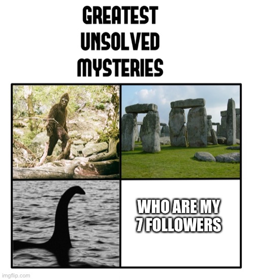 Does anyone know who is my 7 followers | WHO ARE MY 7 FOLLOWERS | image tagged in unsolved mysteries,memes,funny,imgflip,imgflip users | made w/ Imgflip meme maker