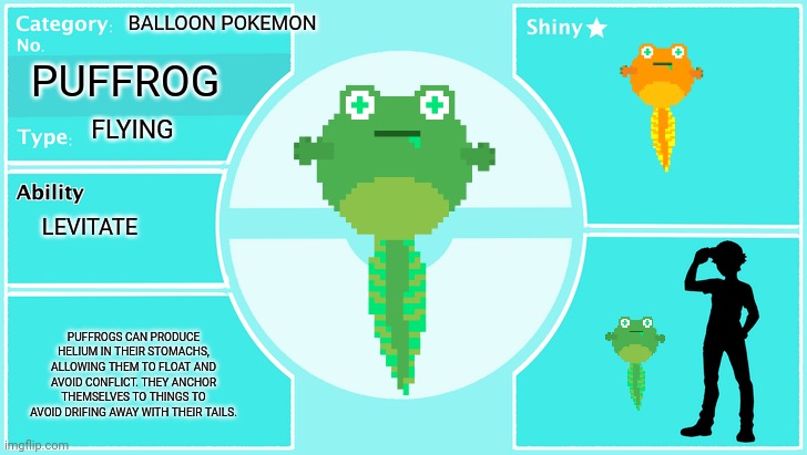 A new fakemon I made, puffrog!! | BALLOON POKEMON; PUFFROG; FLYING; LEVITATE; PUFFROGS CAN PRODUCE HELIUM IN THEIR STOMACHS, ALLOWING THEM TO FLOAT AND AVOID CONFLICT. THEY ANCHOR THEMSELVES TO THINGS TO AVOID DRIFING AWAY WITH THEIR TAILS. | made w/ Imgflip meme maker