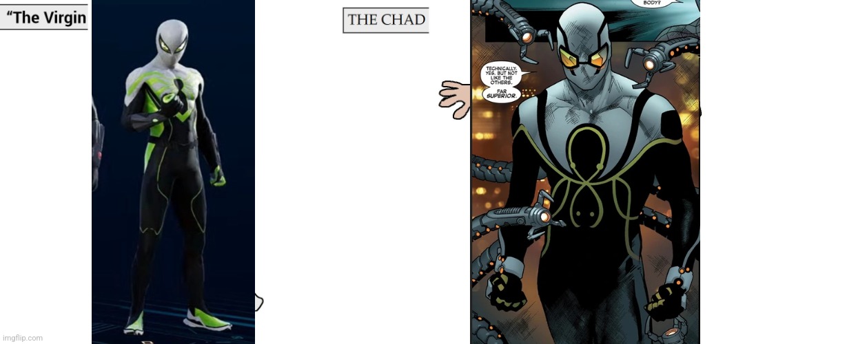 Superior Spider-Man Colour Variant vs What It's Trying To Be | image tagged in virgin and chad,spider-man 2 | made w/ Imgflip meme maker