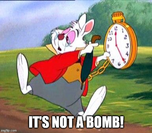 White Rabbit "I'm late!" | IT'S NOT A BOMB! | image tagged in white rabbit i'm late | made w/ Imgflip meme maker
