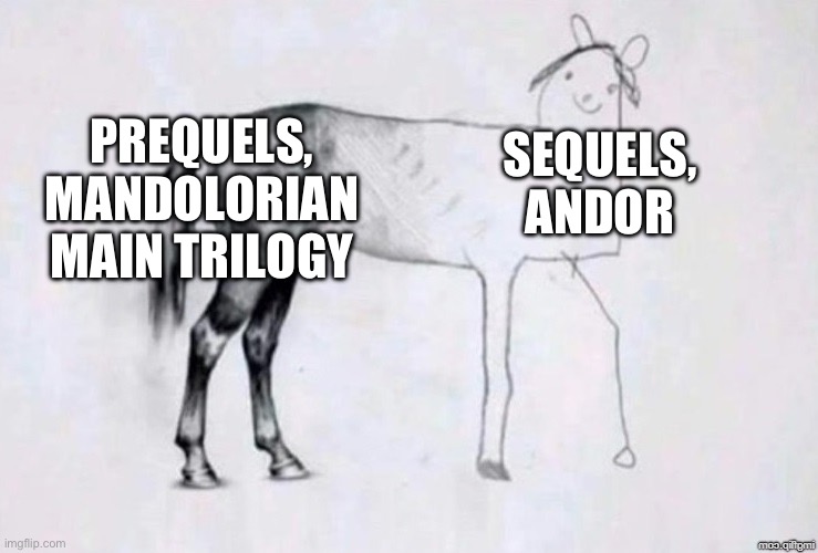 Horse Drawing | PREQUELS, MANDOLORIAN MAIN TRILOGY; SEQUELS, ANDOR | image tagged in horse drawing | made w/ Imgflip meme maker