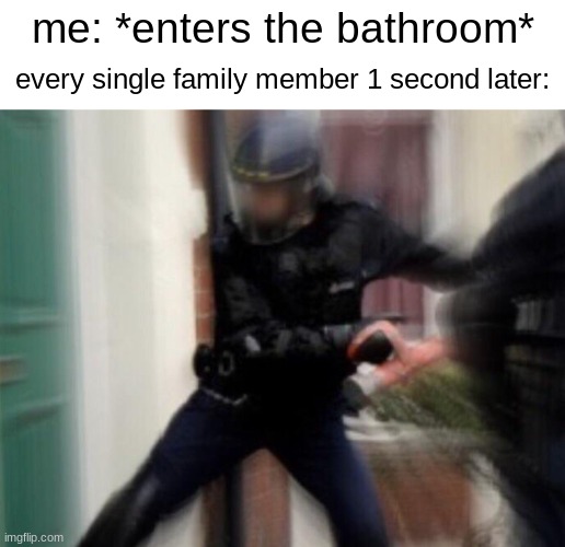 its so annoying | me: *enters the bathroom*; every single family member 1 second later: | image tagged in fbi door breach | made w/ Imgflip meme maker